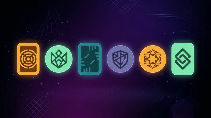 Useita pelistudioita ja tarjoajan merkkejä abstraktissa muodossa