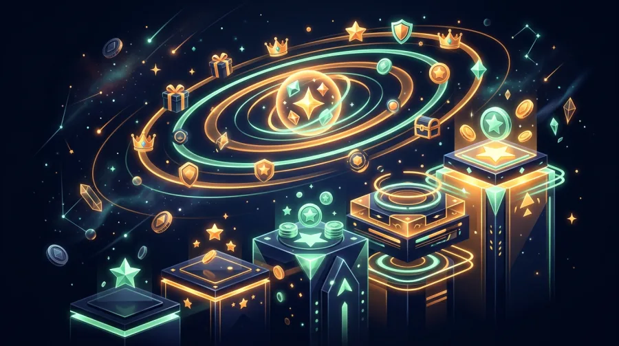 Loyalty rewards, coins and bonus tiers in a crypto casino theme