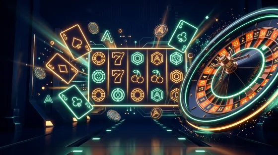 Kasino-slotit, ruletti ja neon-pelivisuaalit krypto-pelaamis-tyylissä